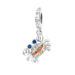 S925 Silver Sparkly Crab Charm with Blue and Orange Gems - NWT